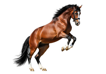 Obraz premium Majestic Bay Horse Rearing Up Dynamically, showcasing its Strength and Grace with Bridle and Blaze Markings, isolated on transparent background.
