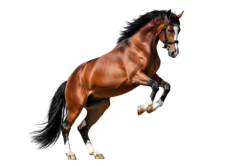 Majestic Bay Horse Rearing Up Dynamically, showcasing its Strength and Grace with Bridle and Blaze Markings, isolated on transparent background.