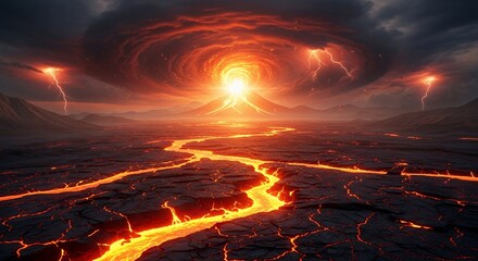 Volcanic Eruption with Flowing Lava and Fiery Sky During Lightning Storm