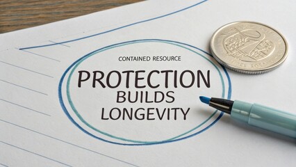 Protection Builds Longevity Message on Paper with Coin and Blue Pen Emphasizing Importance of Resource Management