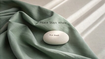 Serene Composition Featuring Smooth Stone on Soft Fabric with Text Overlay for Calmness and Mindfulness Promotion