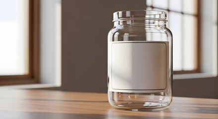 Empty Glass Jar with Label Mockup on Wooden Table by Window