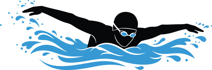 Silhouette swimmer freestyle stroke dynamic water splash sport activity vector