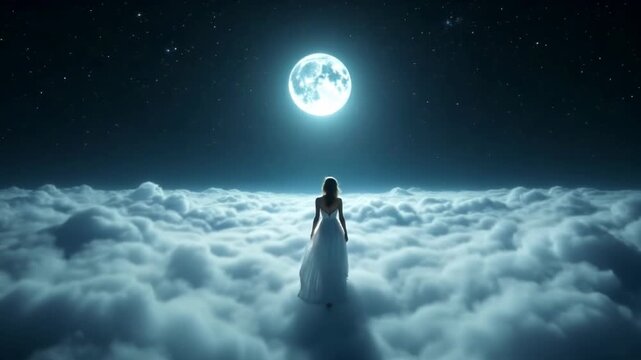 A woman in a flowing white dress stands on a bed of soft clouds, gazing at a large, luminous full moon in a starry night sky. The scene evokes a sense of dreamlike wonder and serenity.