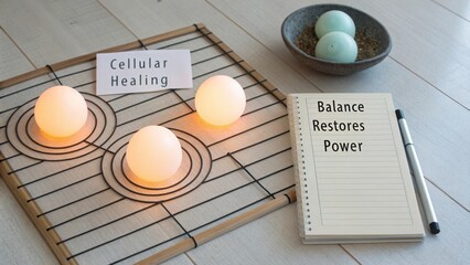 Spiritual wellness concept with glowing orbs, healing notes, and calming stones for balance and energy restoration