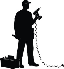 Construction worker silhouette holding power tools and equipment vector
