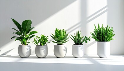 Five Potted Green Plants Lined Up on a White Surface With Sunlight Casting Shadows on a White Wall