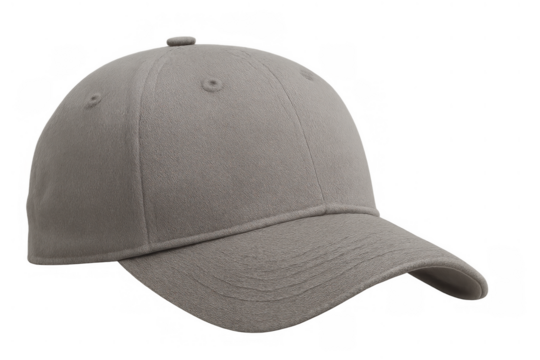 Gray felt baseball cap with curved brim. Modern headwear apparel accessory cutout on transparent background
