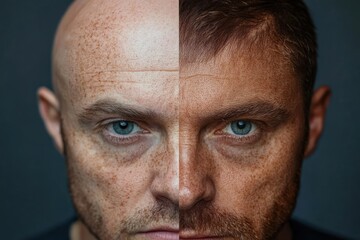 Fototapeta premium Close-up portrait of a man with half his face bald and freckled and the other half with brown hair and beard looking intensely at the camera