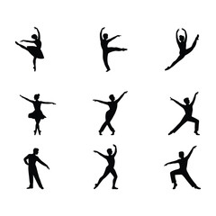 Fototapeta premium dancing icon set. Collection of silhouettes of dancers in various ballet poses and movements on a white background
