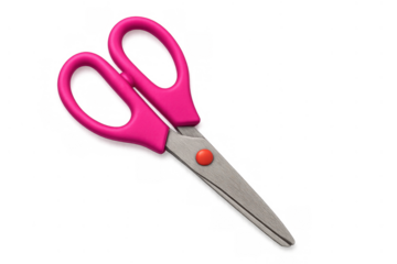 Pink scissors with plastic handles and metal blades, tool for cutting crafts and paper, transparent background