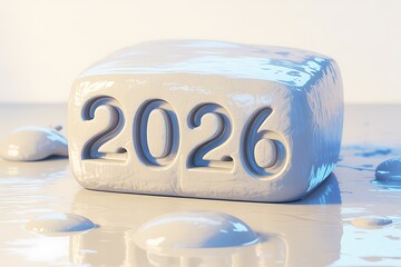The year 2026 rendered in a glossy, melting white material, close up
