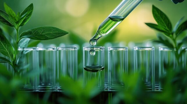 Close-up of a dropper releasing a liquid drop into a test tube surrounded by green leaves, symbolizing scientific research in natural or plant-based substances