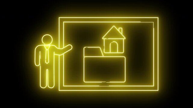 Yellow neon drawing of a person presenting a screen with a folder and house icon on a black background