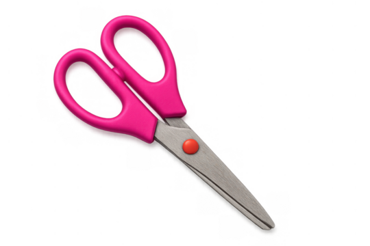 Pink scissors with plastic handles and metal blades, tool for cutting crafts and paper, transparent background