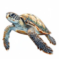 Fototapeta premium Detailed close-up of a sea turtle swimming with patterned shell and flippers against a plain white background, evoking calm and natural beauty