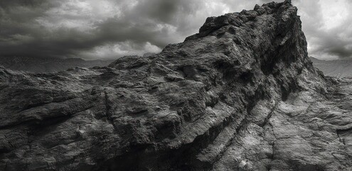 dramatic black and white photograph of a rugged rocky cliff under a dark cloudy sky with distant mountain silhouettes