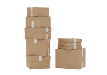 Two stacks of brown cardboard shipping boxes with white tape, representing e-commerce logistics and delivery, isolated on transparent background.