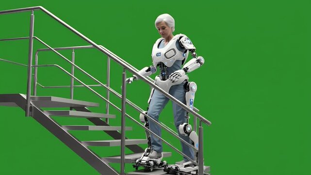 Woman climbs stairs inside futuristic robot exoskeleton