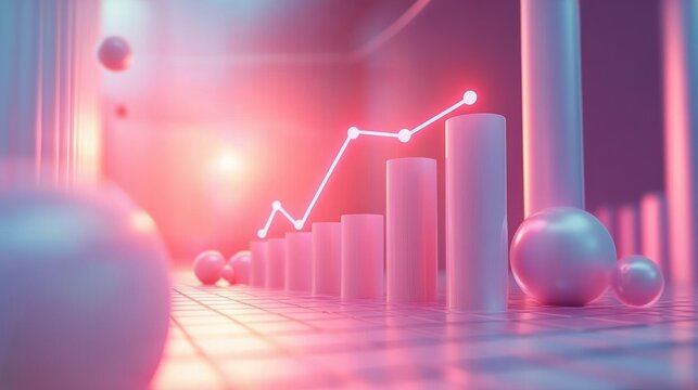 Abstract 3D illustration of a rising bar chart with glowing data points surrounded by smooth spheres in a pink and purple futuristic environment
