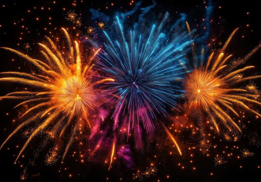 Vivid colorful fireworks exploding in the night sky with orange, blue, and purple bursts creating a festive and celebratory atmosphere - Powered by Adobe