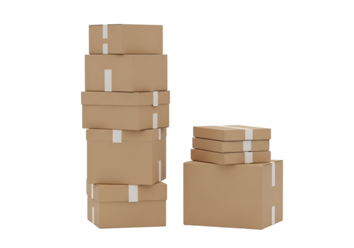 Two stacks of brown cardboard shipping boxes with white tape, representing e-commerce logistics and delivery, isolated on transparent background.