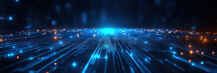 Futuristic digital circuit board with glowing blue and orange lights creating a sense of advanced technology and connectivity in a dark background
