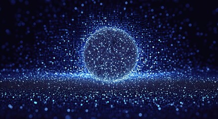 Glowing spherical formation composed of numerous small bright blue particles floating above a textured surface of scattered luminous dots on dark background