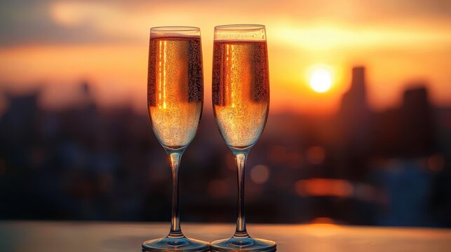 Two champagne flutes filled with sparkling wine glowing warmly against a golden sunset over a blurred city skyline, evoking a celebratory and romantic atmosphere - Powered by Adobe