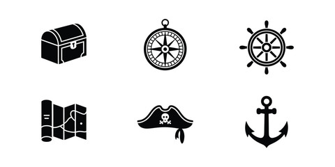 adventure icon. Collection of six classic pirate adventure icons including treasure chest compass ship wheel map hat and anchor © Anamul Haque  Munna