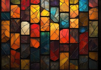 Colorful stained glass window with abstract geometric shapes and varied warm and cool tones creating a vibrant and artistic mosaic pattern