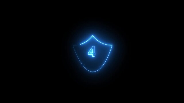 Glowing Blue Neon Shield Icon with Number 10 on Black Background security protection. Futuristic blue neon shield displaying number 10 for high-tech protection on dark interface.