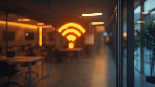 glowing orange wifi symbol on glass door of modern office with blurred interior and warm lighting
