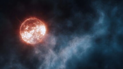 A radiant star with fiery flares emanates intense light through cosmic nebulae