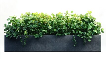 Lush green leafy plants growing densely in a sleek rectangular dark gray planter against a white background