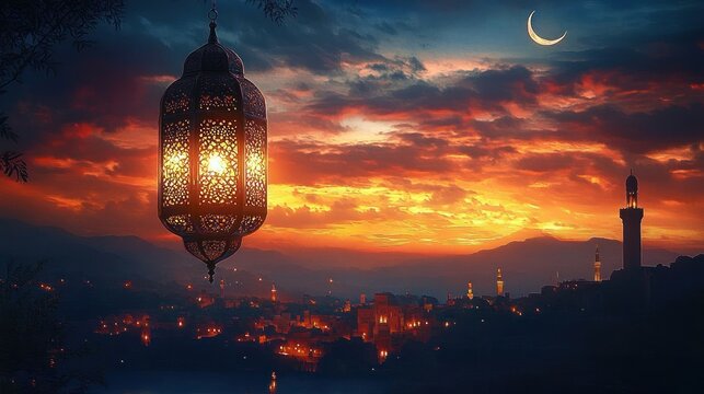 Ornate lantern glowing warmly against a vibrant sunset sky with a crescent moon above a distant cityscape with minarets and mountains