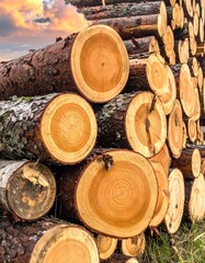 Close-up of stacked tree trunks with exposed cross-sections