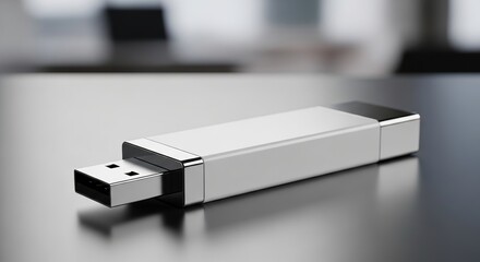 Sleek silver usb flash drive on a reflective surface isolated on white background