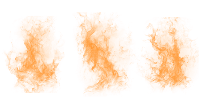 Three abstract orange shapes with fiery edges and textured detail, diverse organic forms on black background