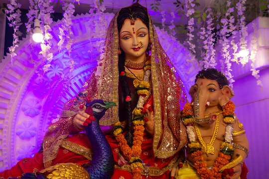 Traditional Idol of Goddess Parvati with Lord Ganesha
