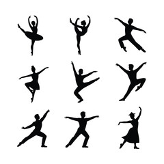 dancing silhouette icon set. Collection of nine black silhouettes of ballet dancers in various graceful poses against a white background. set of dancing icon set.