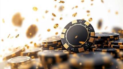Close-up view of black and gold casino poker chips with dice patterns scattered and floating in an elegant bright atmosphere