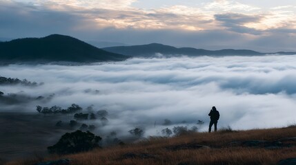 A lone photographer stands on a grassy hill observing a vast expanse of fog rolling through a mountain valley at dawn
