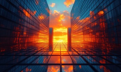 sunset sky with vibrant orange and blue clouds reflected on tall modern glass skyscrapers creating symmetrical urban perspective