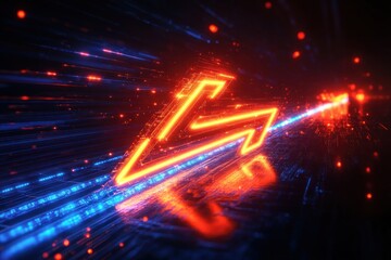 Glowing futuristic neon orange arrow pointing right with digital blue light streaks on dark reflective surface conveying speed and technology