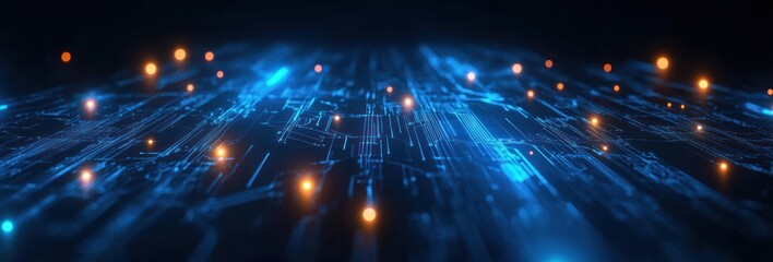 Futuristic glowing digital circuit board with blue and orange lights representing advanced technology and data flow