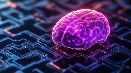 Glowing purple human brain model placed on a futuristic black and blue digital circuit board representing technology and artificial intelligence