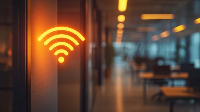 Glowing orange wifi signal symbol on an office wall with blurred modern workspace background and warm ambient lighting