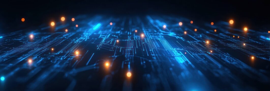 Futuristic glowing digital circuit board with blue and orange lights representing advanced technology and data flow