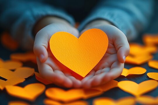 Person holding an orange paper heart gently cupped in hands surrounded by multiple orange paper hearts on a dark surface conveying warmth and care